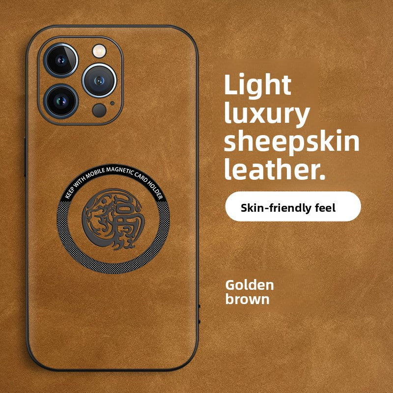 Gem blue sheepskin leather iPhone case with embossed dragon design and magnetic charging ring