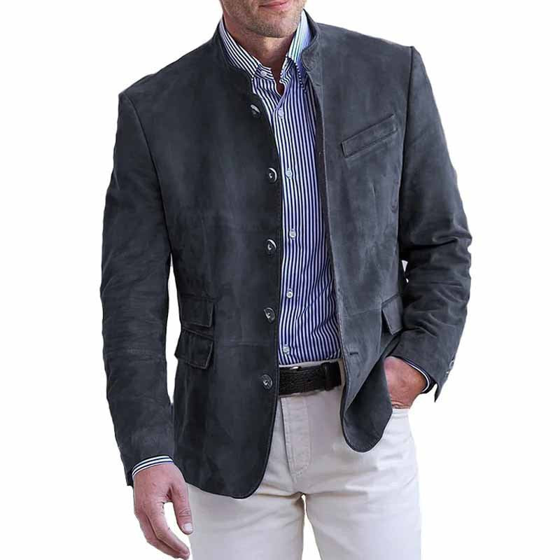 Mens stand collar jacket in brushed vegan suede with a single breasted five button front
