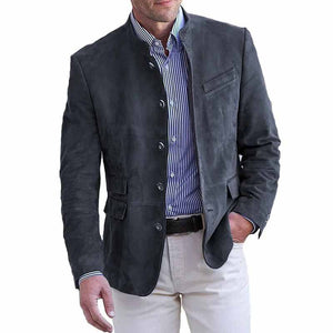 Mens stand collar jacket in brushed vegan suede with a single breasted five button front