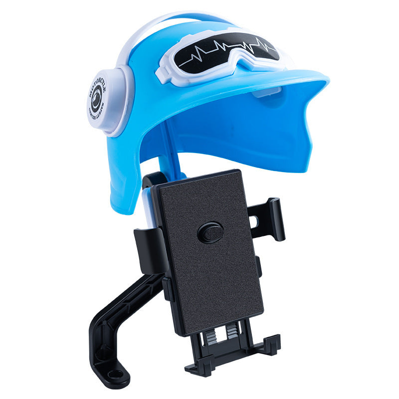 Rearview mirror with helmet, blue option: phone holder under a blue small helmet visor