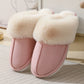 Pink plush cuff slip-on mule slippers on a grey rug, variant photo for size 44/45