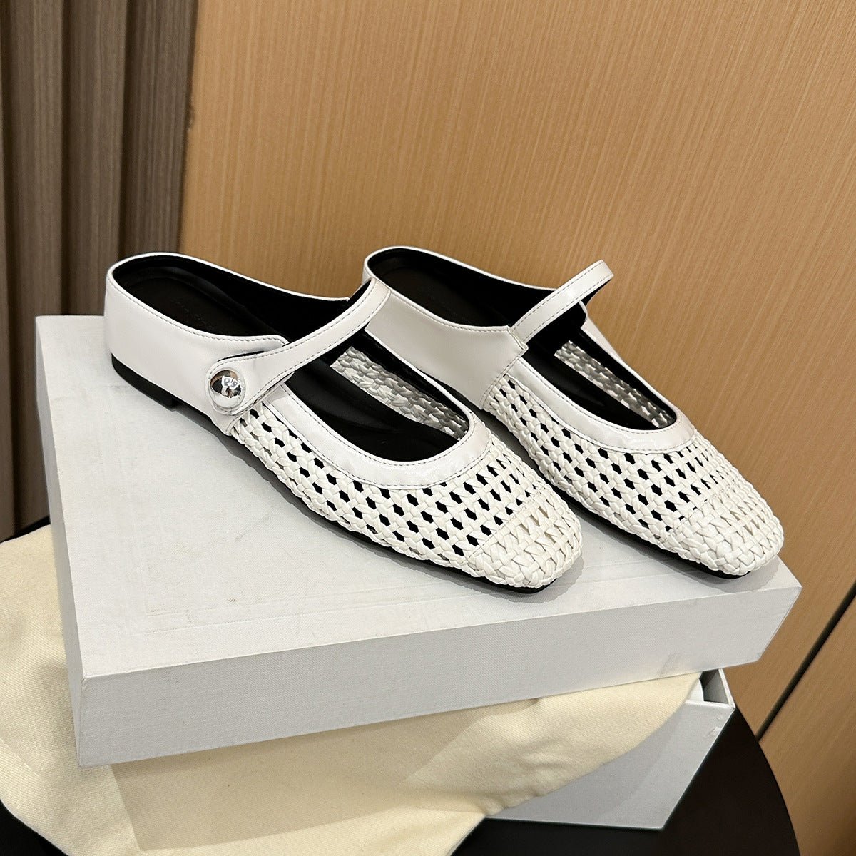 Off-white woven openwork Mary Jane mule with a silver tone ball button, option Off-white size 38
