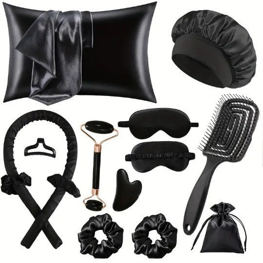 Black 13 piece set with pillowcase, bonnet, curling rod, clip, eye masks, scrunchies, roller, gua sha, pouch and brush