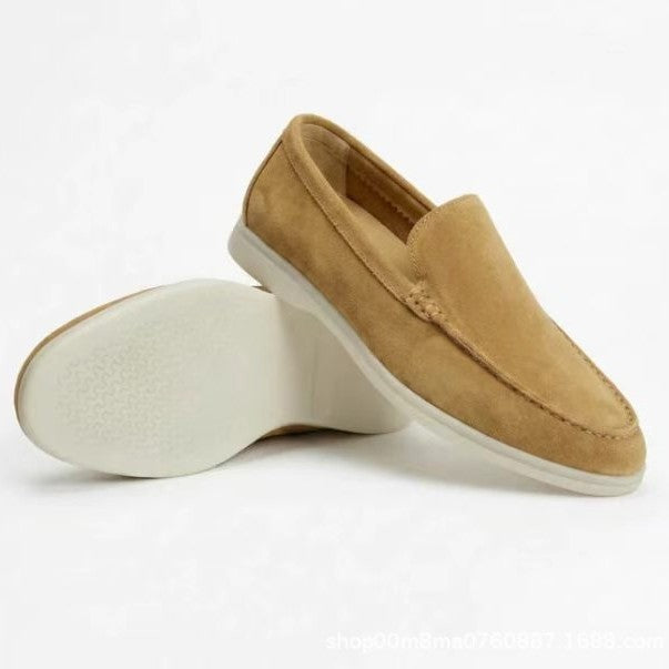 Camel suede slip-on loafer with a rounded toe and a thick pale sole, size 45 option