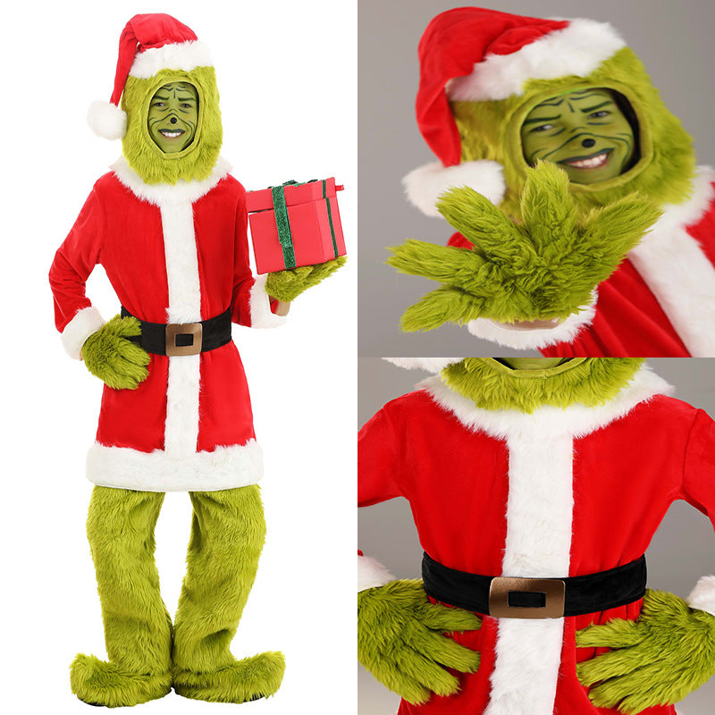 Child in a red Santa coat, green fur pants and hooded hat holding a red gift box, with two close-ups