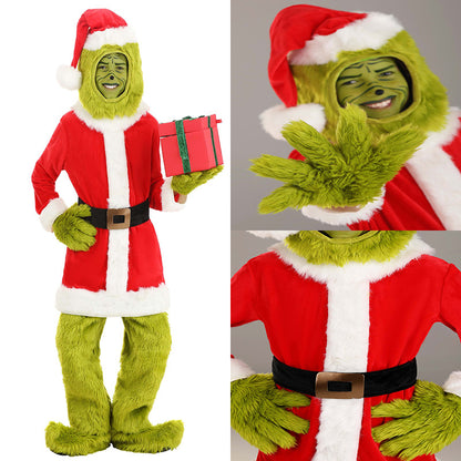 Child in a red Santa coat, green fur pants and hooded hat holding a red gift box, with two close-ups