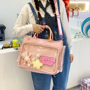 Solid color nylon shoulder bag with a transparent display pocket and zip closure