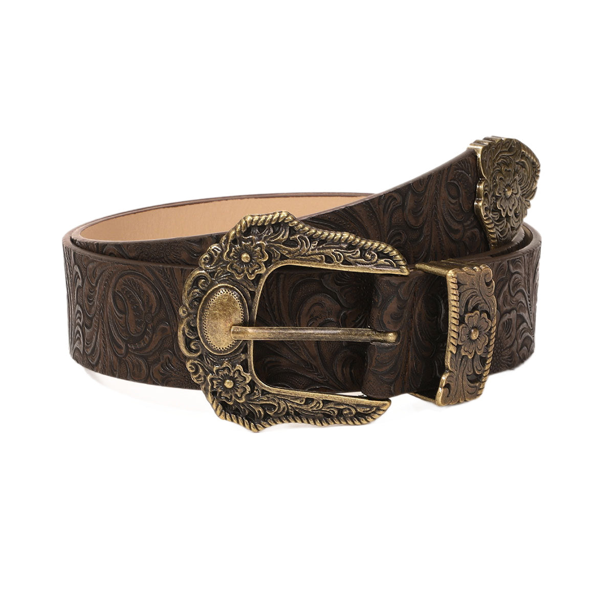 Brown floral tooled wide belt showing the embossed pattern along the strap