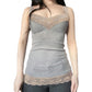 Gray lace trim camisole shown at an angle, slim fit close to the body