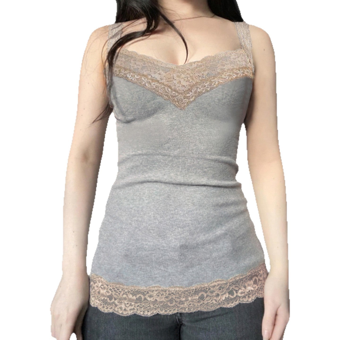 Gray lace trim camisole shown at an angle, slim fit close to the body