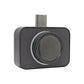 Black thermal camera module with the round infrared lens and USB connector shown close up