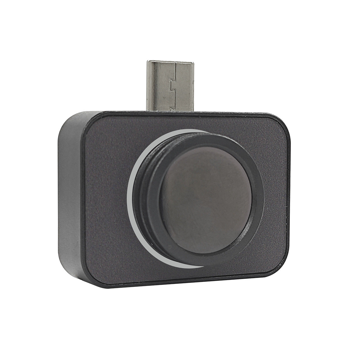 Black thermal camera module with the round infrared lens and USB connector shown close up
