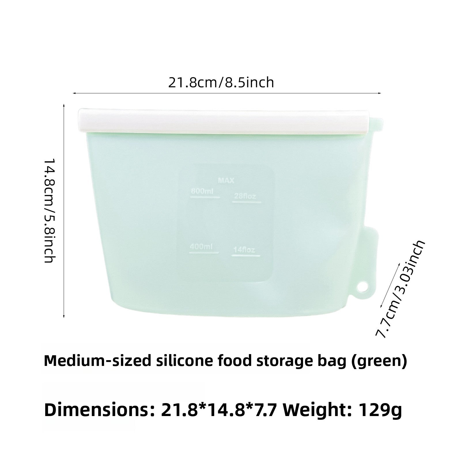 Reusable green silicone food storage bag, 800ml size, standing sealed upright