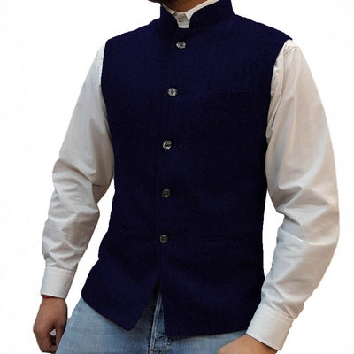 Men's Herringbone Stand Collar Vest with Button Front and Pockets, XS to XXXL