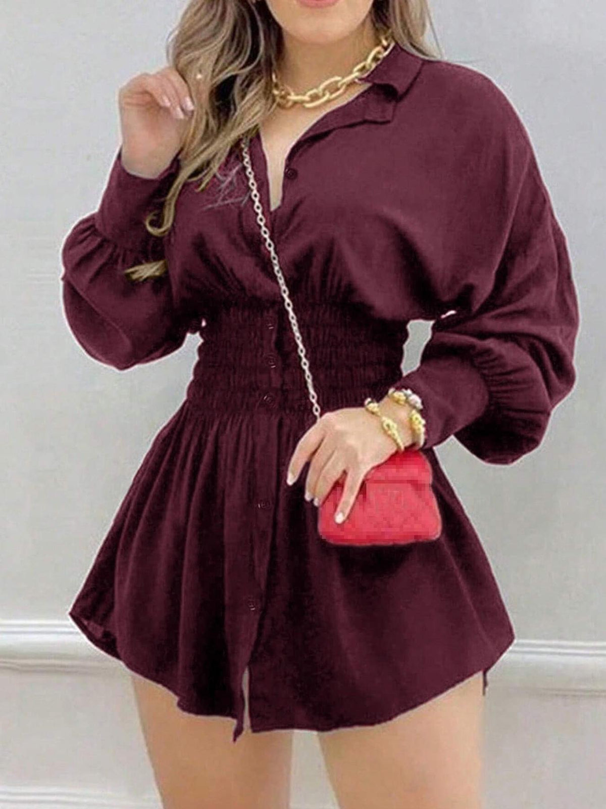 Wine Red button front mini shirt dress with smocked waist and long sleeves, option size L
