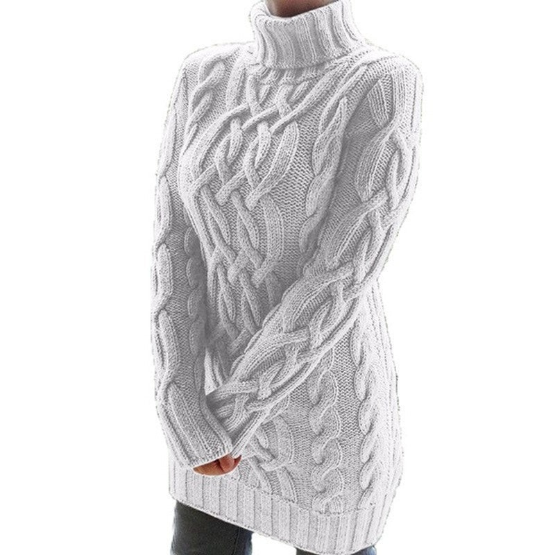 White option, size M: chunky cable knit turtleneck sweater dress with ribbed hem