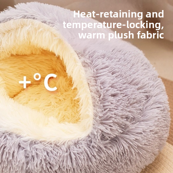 Semi-enclosed plush pet nest with a raised hood shown on a plain background