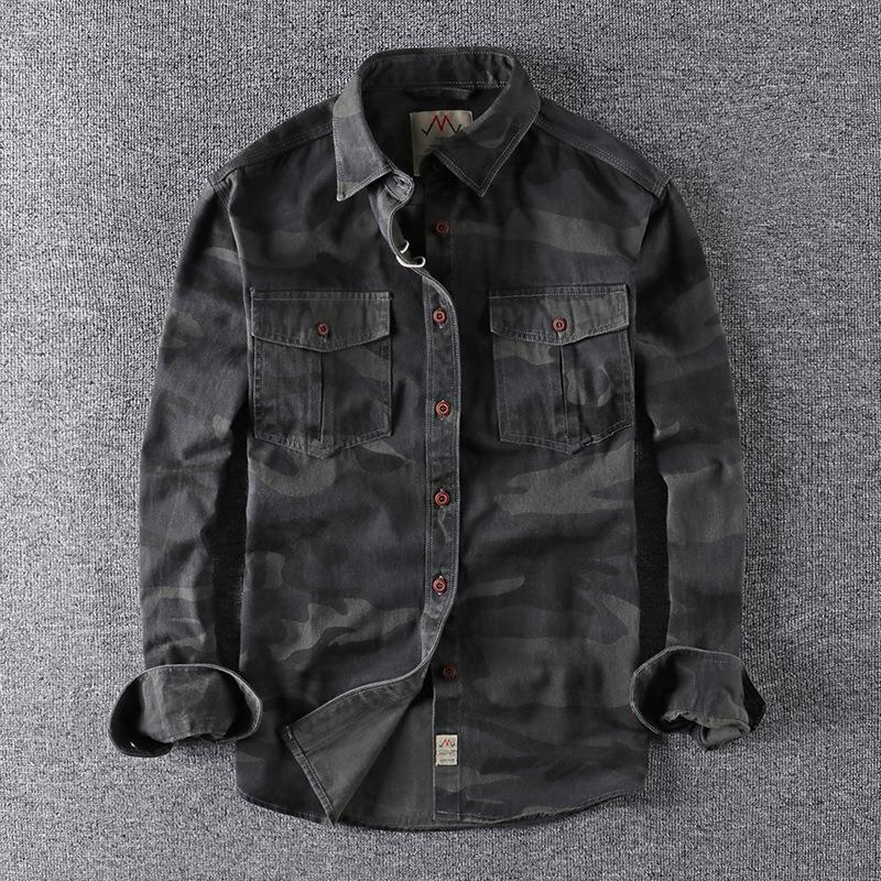 Men's washed camouflage long sleeve button shirt with two flap chest pockets neat product flat lay of the camo shirt