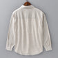Back view of the mens cotton linen blend shirt showing the shoulder yoke and curved hem