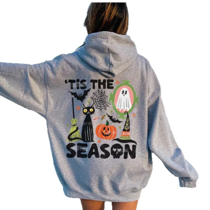 Heather gray version of the Halloween back print hoodie, a darker gray than the light gray option
