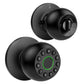 Black smart door knob showing the keypad face and the inside thumb turn with a lock and unlock symbol