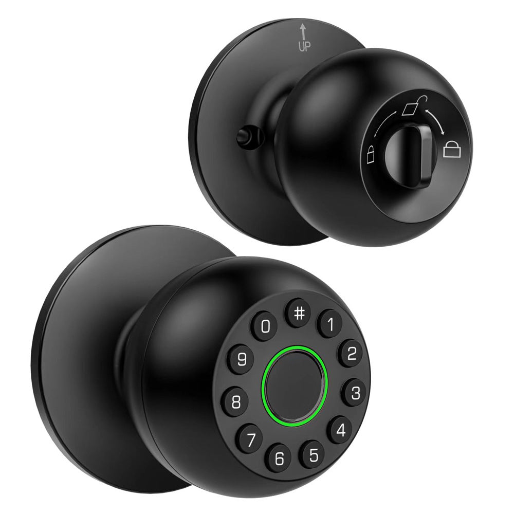 Black smart door knob showing the keypad face and the inside thumb turn with a lock and unlock symbol