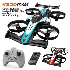 Teal and white K300 Max RC stunt drone with four guarded rotors, shown with grey handset and battery