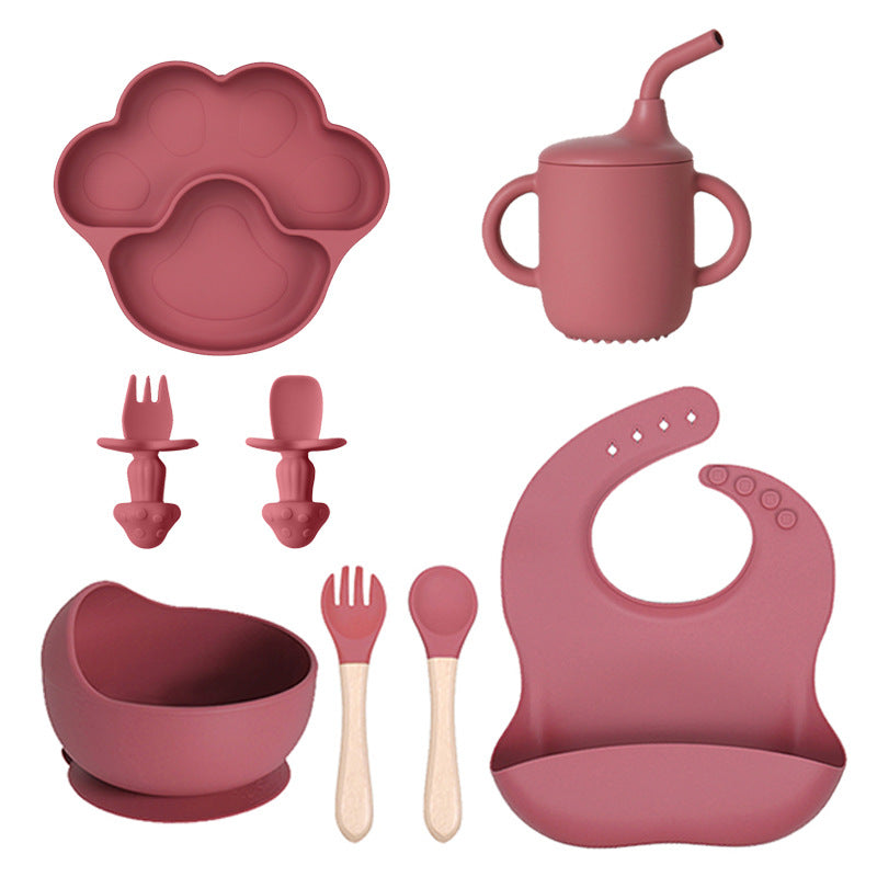Burgundy 8-piece set 2 with a paw plate, a cup with a straw, a bowl, utensils and a bib