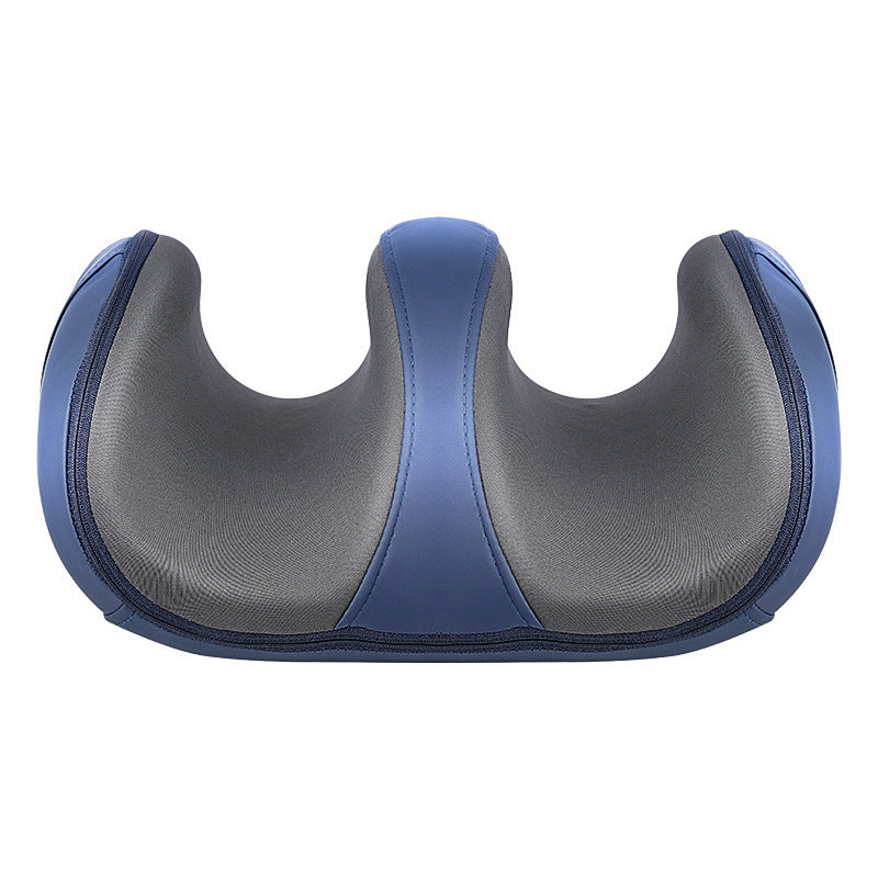 Blue electric foot massager with gray inner surface and two open cradles, front view on a white background