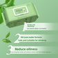 Green tea cleansing wipes pack with three numbered feature callouts on a green leaf background