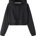 Womens cropped zip up hoodie with a drawstring hood, front view