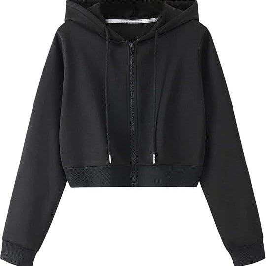 Womens cropped zip up hoodie with a drawstring hood, front view