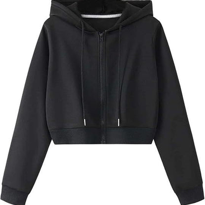 Womens cropped zip up hoodie with a drawstring hood, front view
