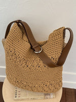Khaki cotton thread woven shoulder bag with brown adjustable strap