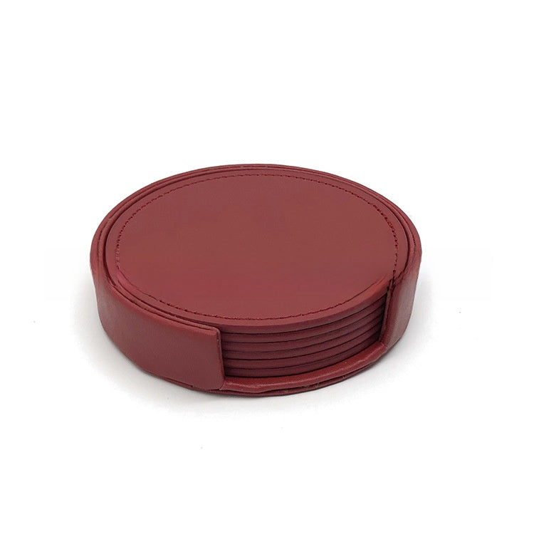 Red PU leather round coaster set with a matching holder