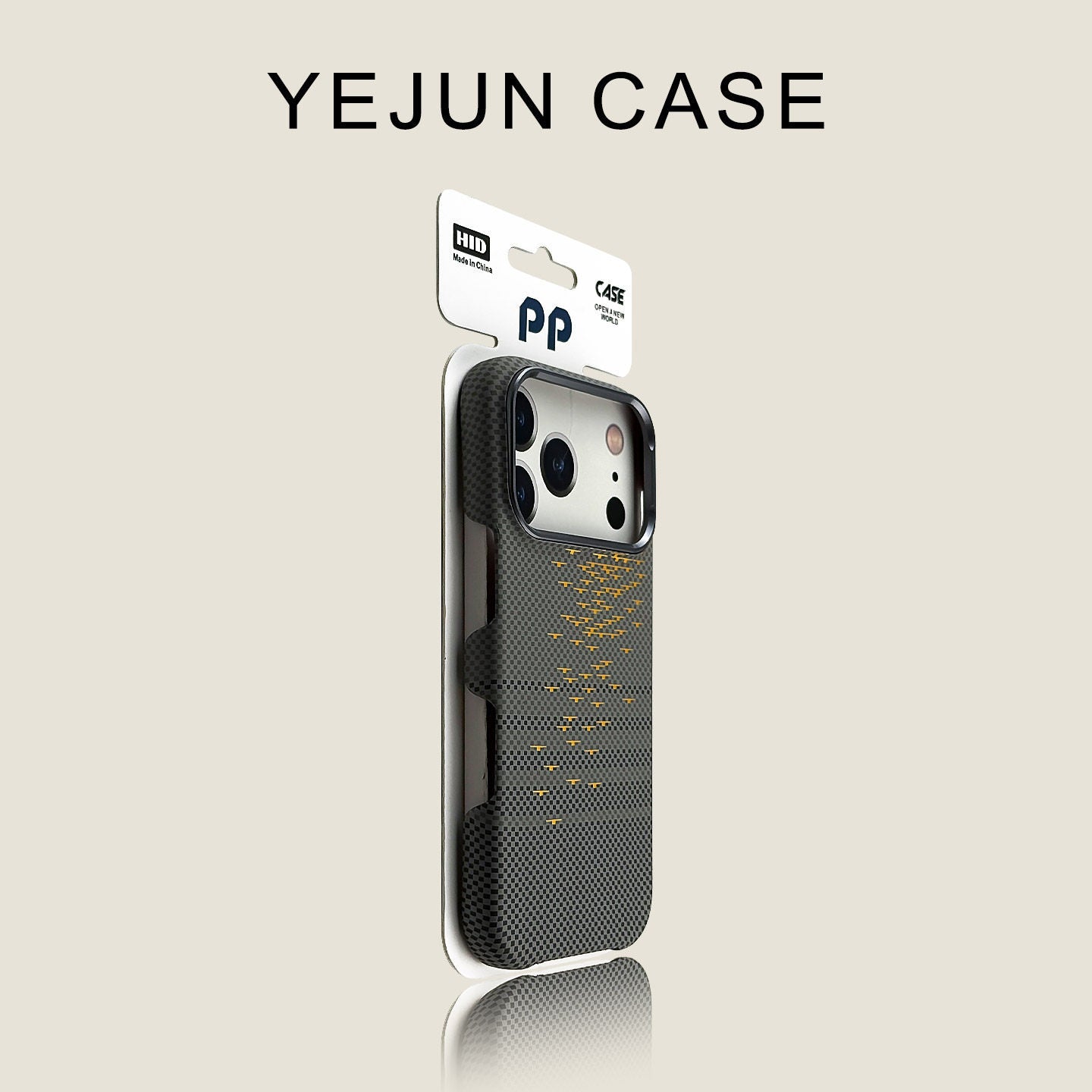 Black textured magnetic phone case compatible with iPhone shown in retail packaging