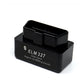 Black mini OBD2 Bluetooth scanner printed ELM 327 Interface, sixteen pin plug facing up on white