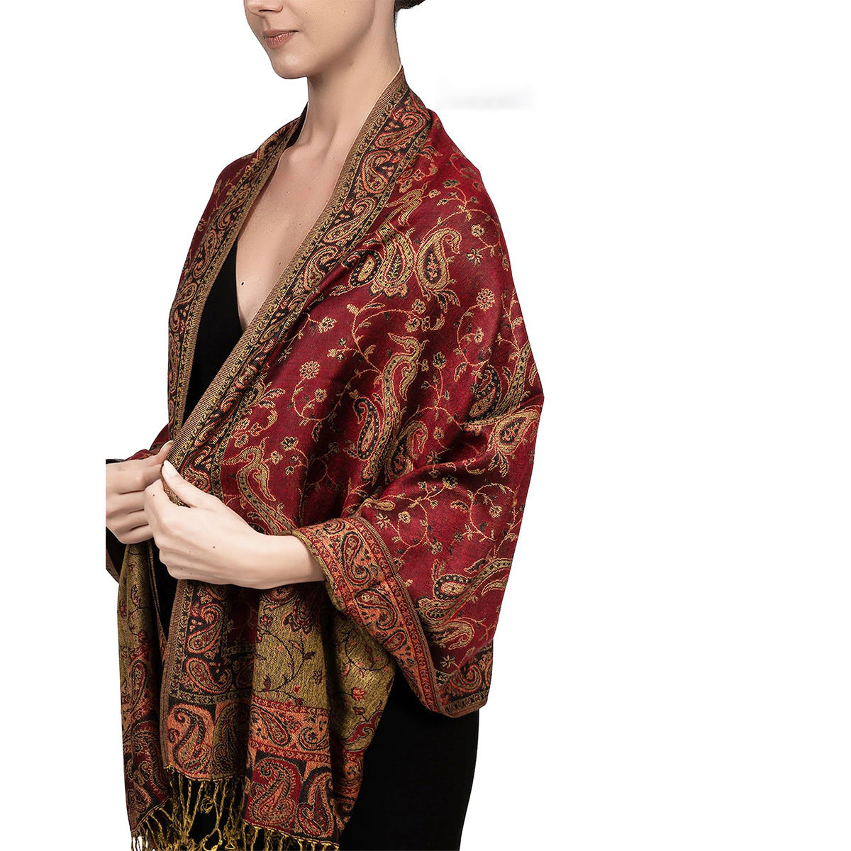Burgundy paisley tassel shawl wrap worn draped over the shoulders with tasseled fringe ends