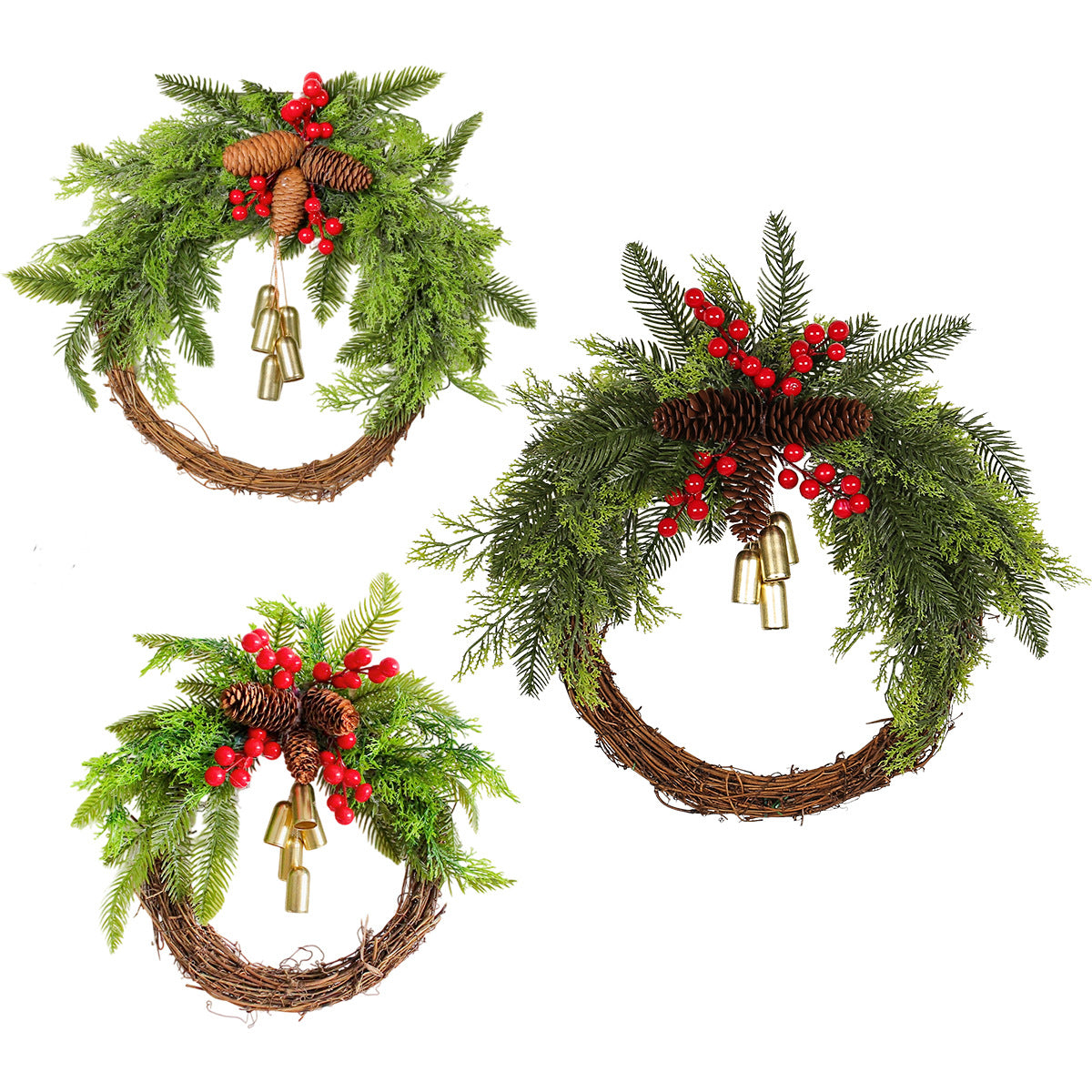 Three Christmas wreaths of different sizes with rattan rings, evergreen sprigs, pine cones, red berries and bells