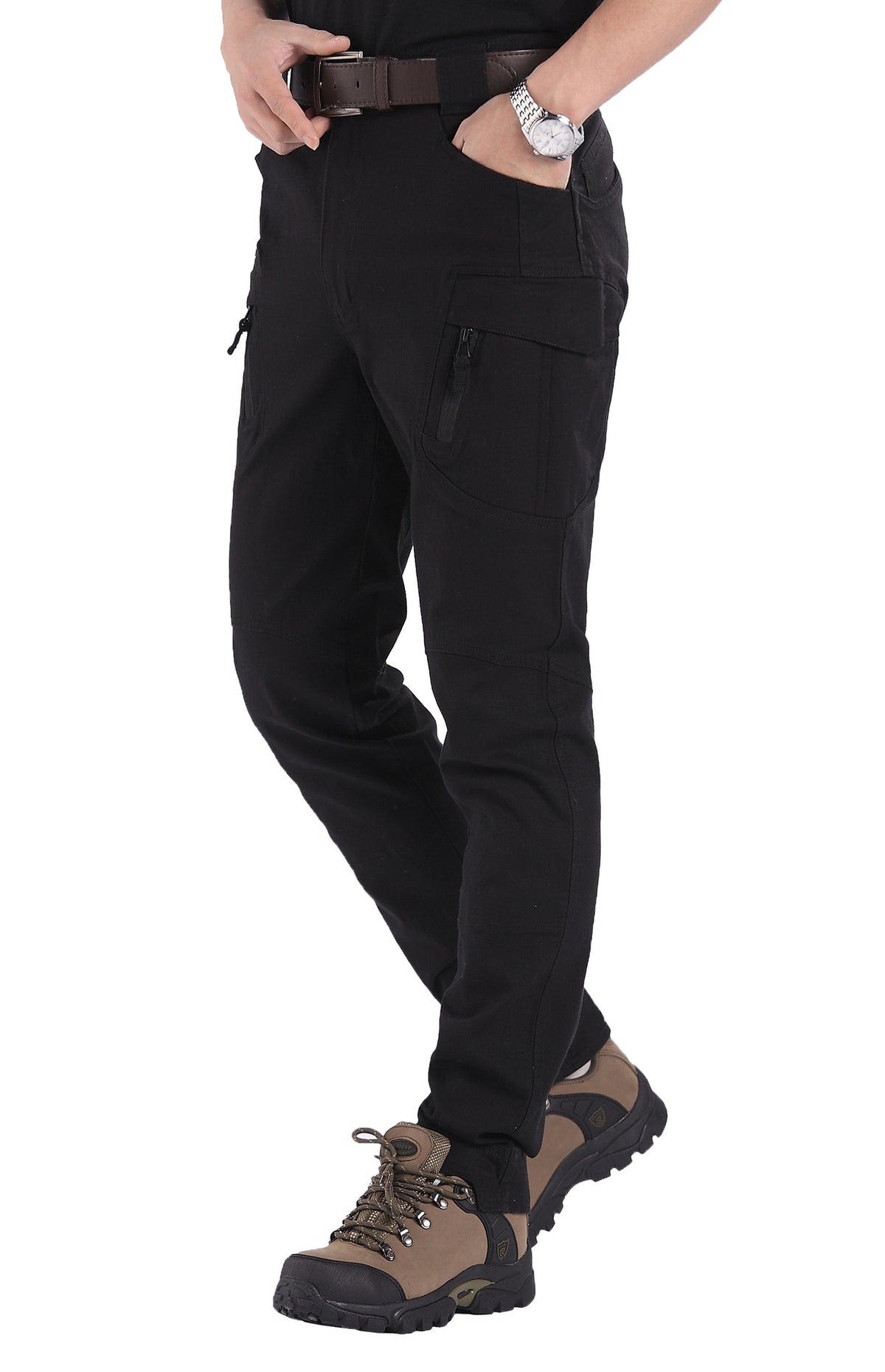 Black cotton tactical cargo pants front view with zip flap pocket, size XL option