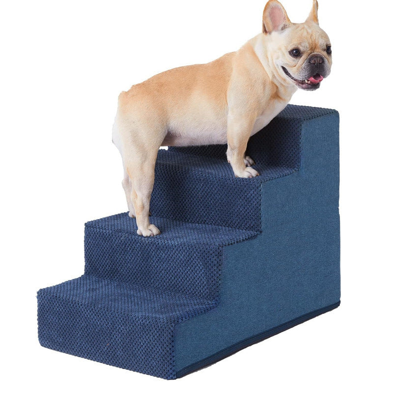 Blue three-tier pet steps with a French bulldog standing on the lower steps