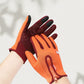 Golden orange touchscreen gloves, orange, burgundy trim, with wrist zipper and silicone palm grip, one size fits all option