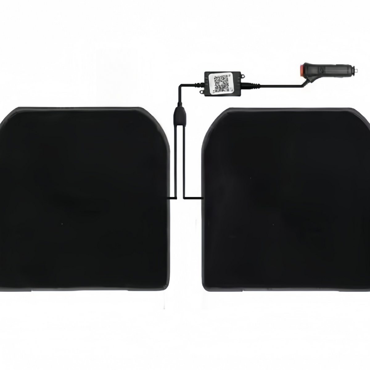 Two small black car floor mats with an app controller, shown with a lighter plug as the USB plug option photo