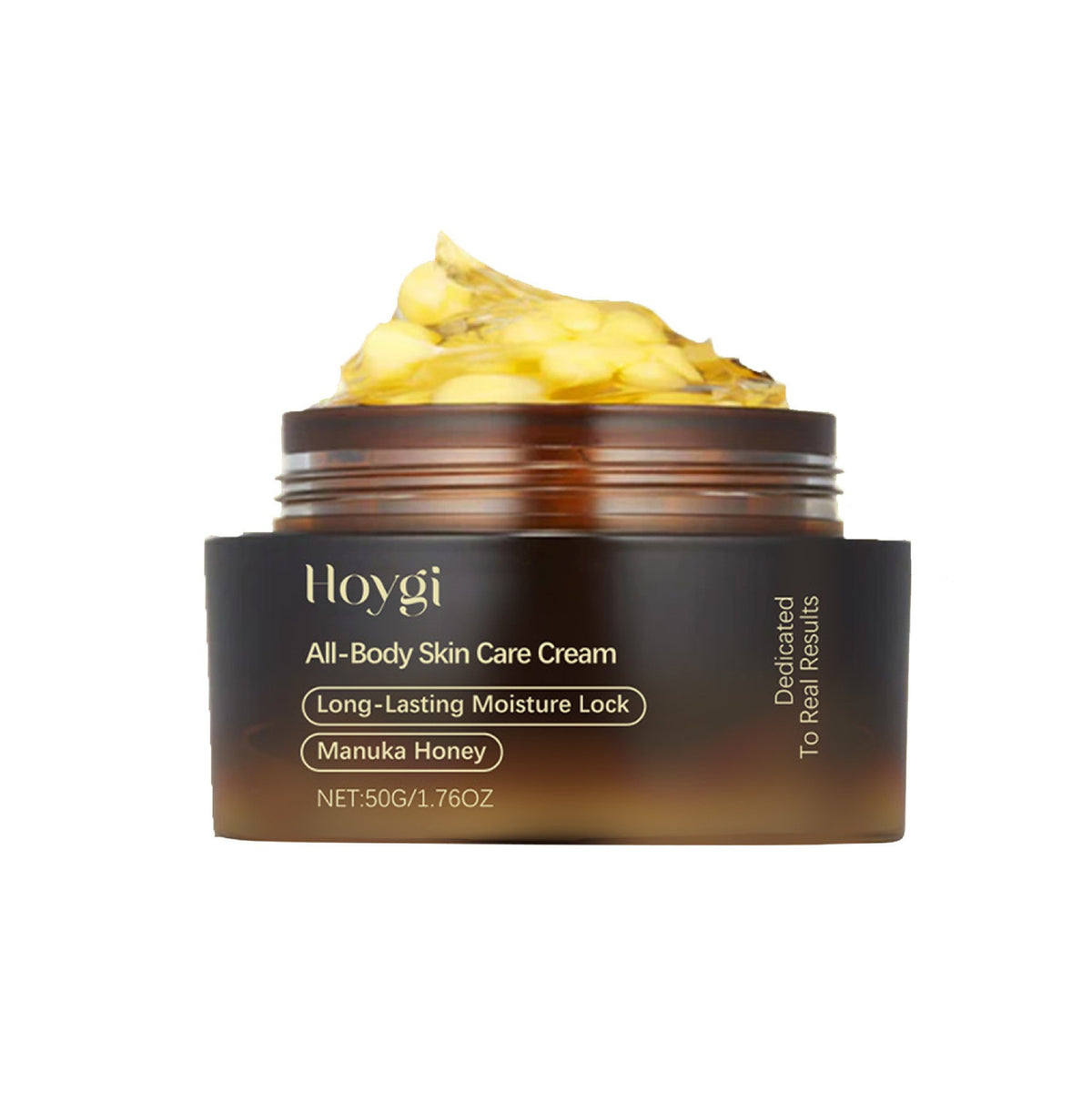 Open dark amber Hoygi All-Body Skin Care Cream jar with Manuka Honey, 50 g, golden capsules in gel