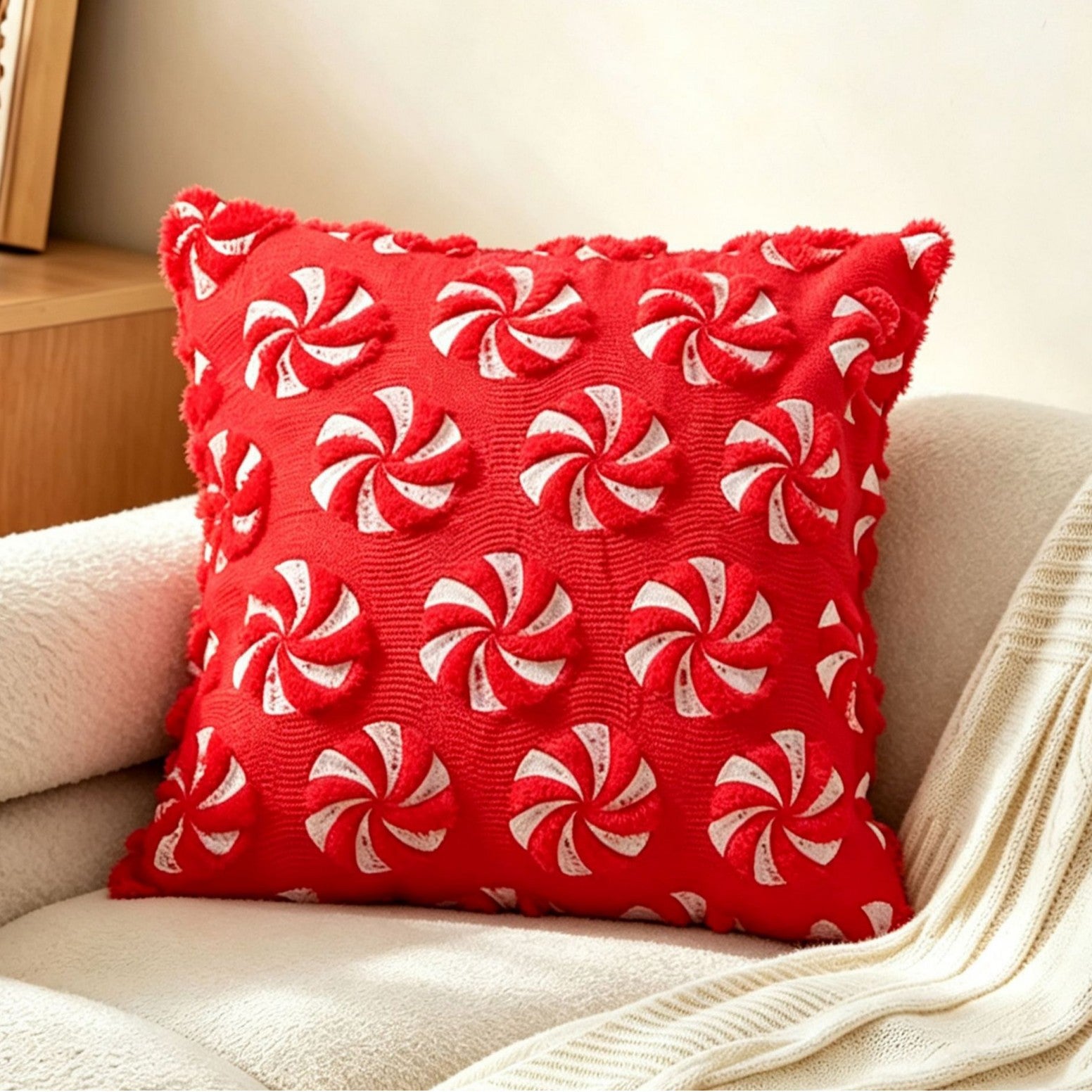 Plush carved cushion cover with carved bells and bows on the soft plush ground, view 49