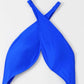 Close view of the crossover shoulder straps on the blue one piece swimsuit