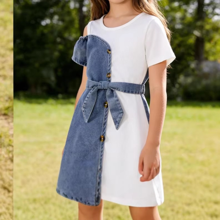 Close up showing denim seams and texture on the girls' dress