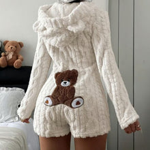 Womens Plush Fleece Hooded Romper with Bear Ears and Teddy Bear Back Patch