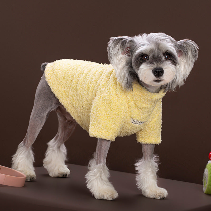 Solid Beautiful Velvet plush fleece dog sweater shown from the side on a small dog
