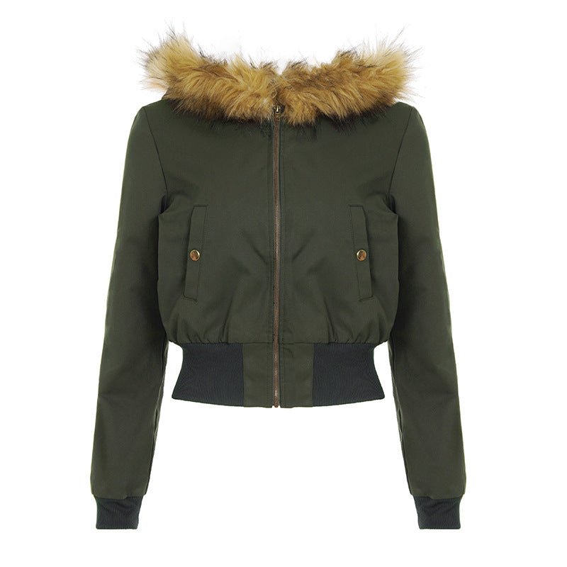 Flat lay of the army green cropped bomber with a tan plush fur trimmed hood and snap button pockets